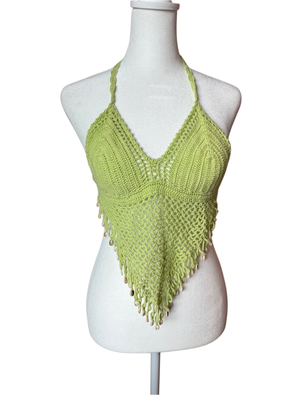 Island Planet Green Crochet Halter Top with Shell Fringe xs/s